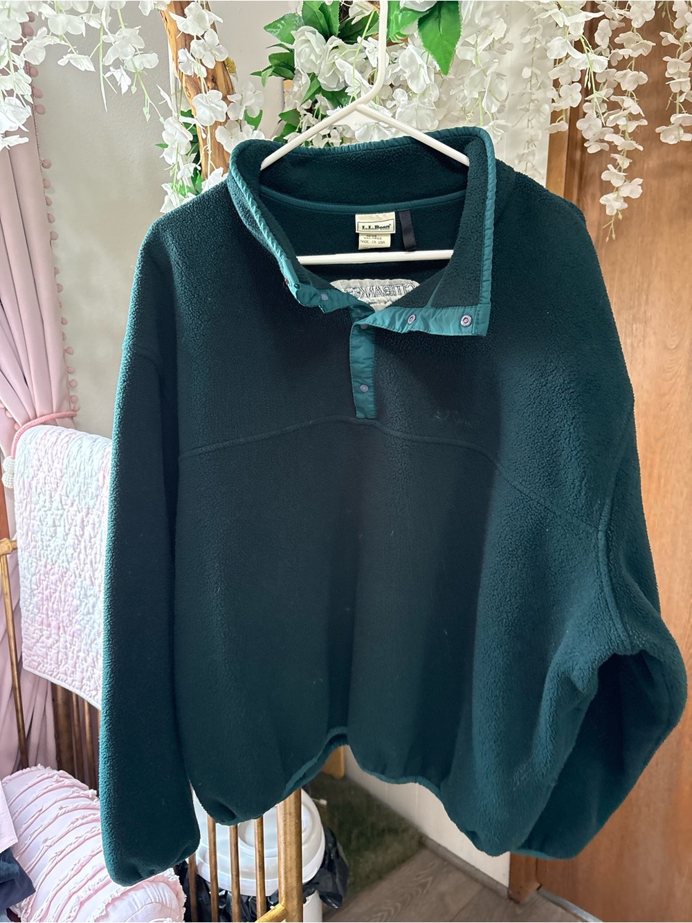 L.L. Bean Forest Green Fleece Snap Pullover with Teal Trim - Picture 2 of 6